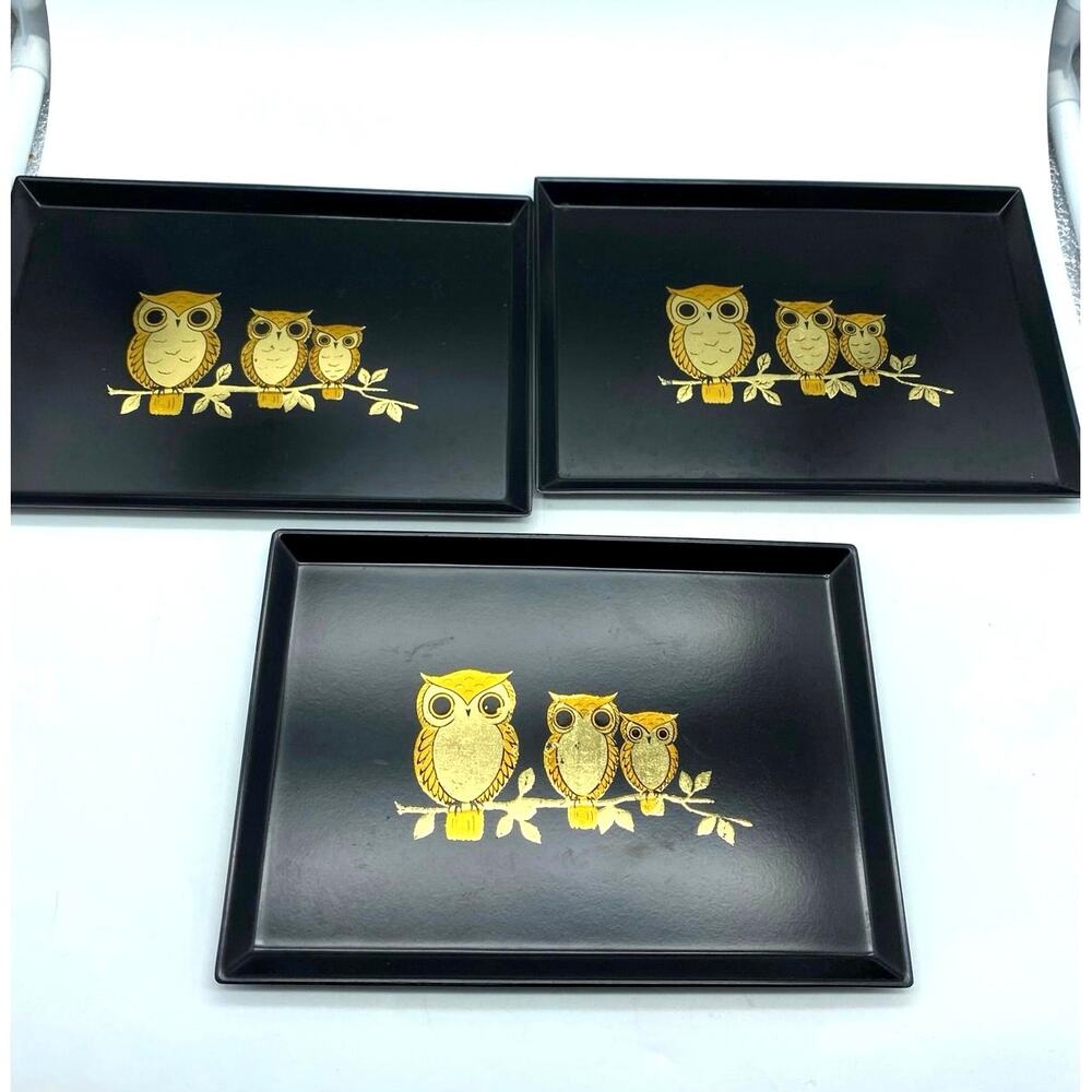 Vintage Otagiri Black & Gold set of 3 Owl Trinket Tray Japan - Retro